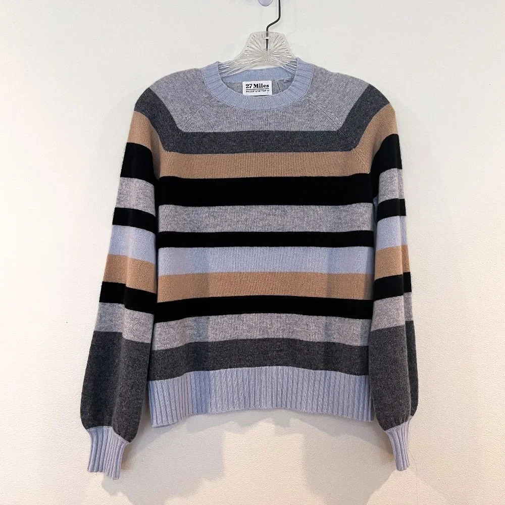 27 Miles Malibu 100% Cashmere Striped Crew Neck Lightweight Designer Sweater XS - Picture 2 of 8